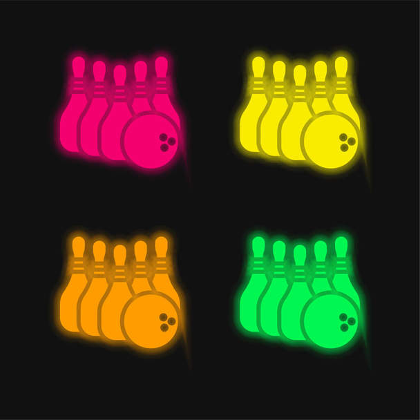 Bowling τεσσάρων χρωμάτων λαμπερό εικονίδιο διάνυσμα νέον - Διάνυσμα, εικόνα