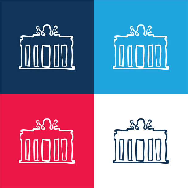 Bâtiment de la Banque dessiné à la main contour bleu et rouge quatre couleurs ensemble d'icône minimale - Vecteur, image