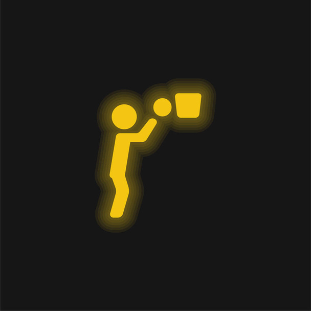 Basketbal hráč míč a košík žlutá zářící neon ikona - Vektor, obrázek