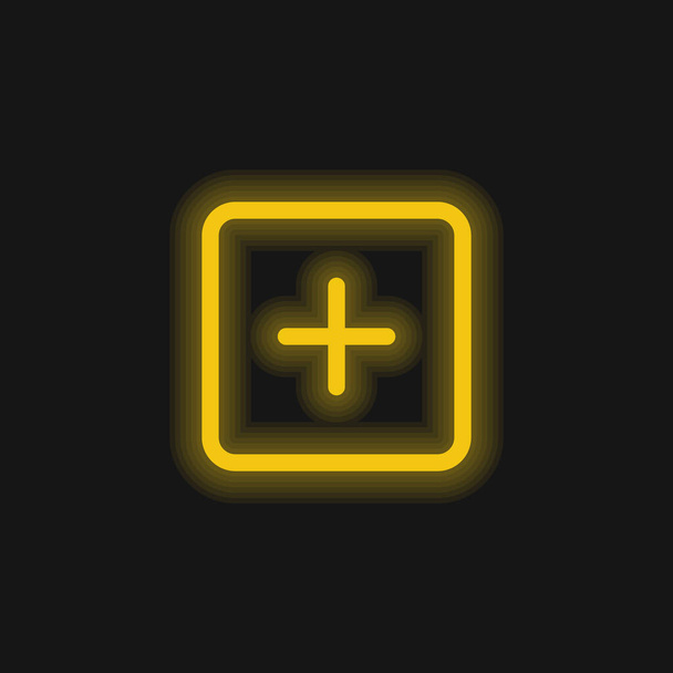 Añadir Square Outlined Interfaz Botón amarillo brillante icono de neón - Vector, imagen