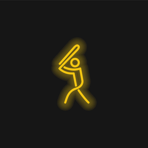 Baseball Player Playing Stick Man yellow glowing neon icon - Vector, Image