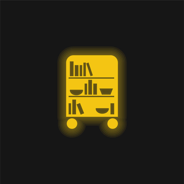 Κρεβατοκάμαρα Βιβλιοθήκη των τροχών με βιβλία κίτρινο λαμπερό νέον εικονίδιο - Διάνυσμα, εικόνα