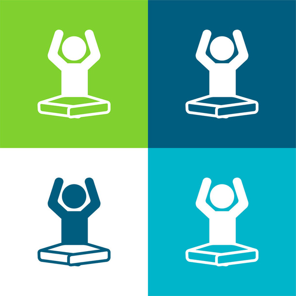 Boy On Lotus Position Flexing Arms Flat four color minimal icon set - Vector, Image