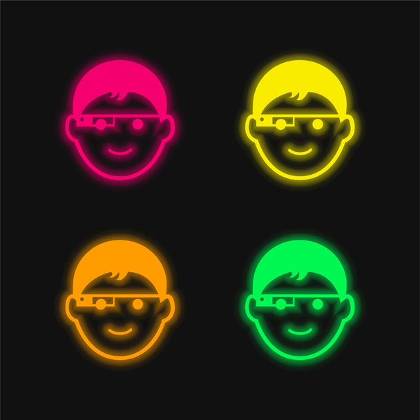 Boy Face With Google Glasses four color glowing neon vector icon - Vector, Image