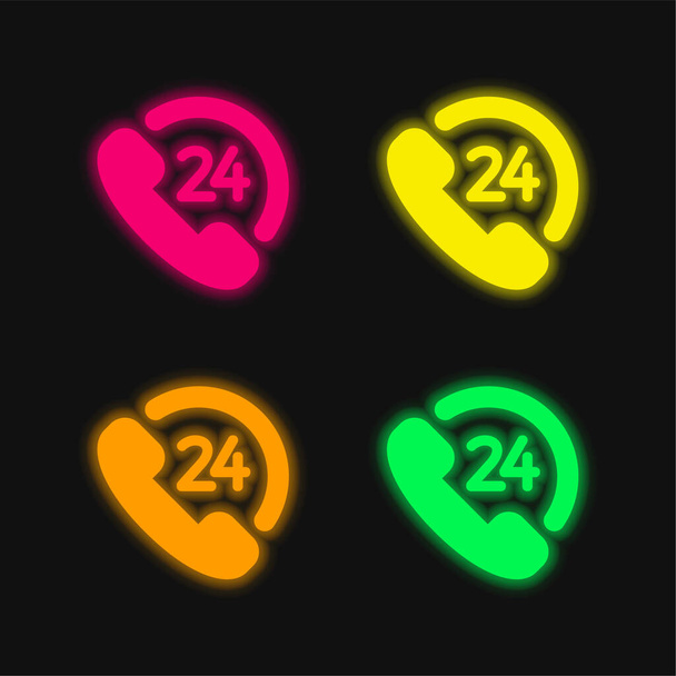 24時間クライアントサービス4色の輝くネオンベクトルアイコン - ベクター画像