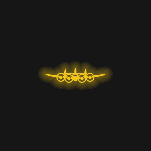 正面からの飛行機黄色の輝くネオンアイコン - ベクター画像
