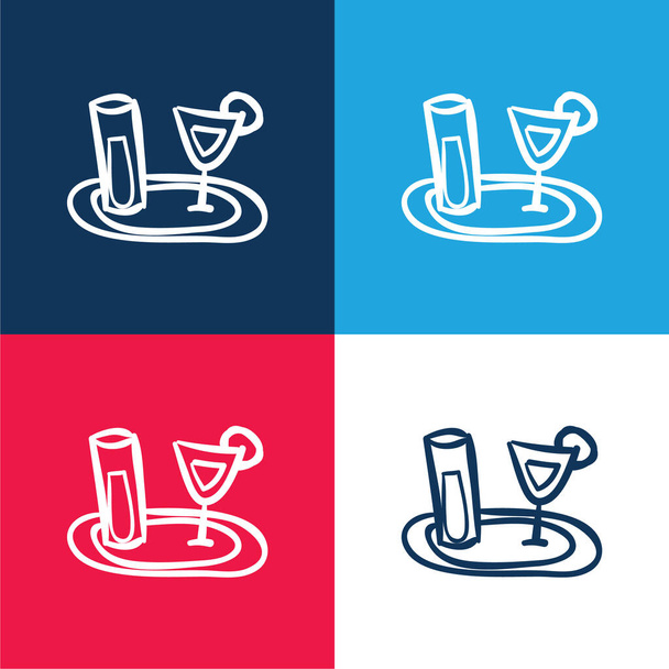 Bandeja de bar con copas dibujadas a mano gafas azul y rojo conjunto de iconos mínimo de cuatro colores - Vector, imagen