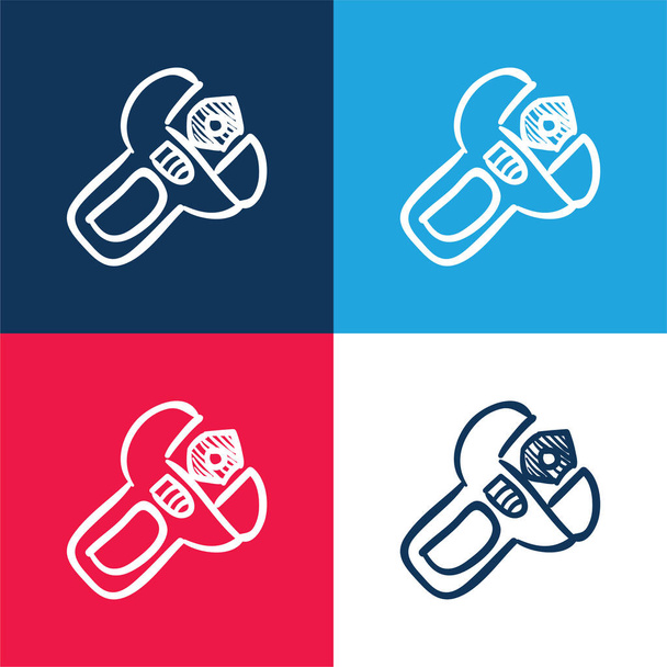 Ferramenta desenhada à mão de chave ajustável azul e vermelho conjunto de ícones mínimos de quatro cores - Vetor, Imagem