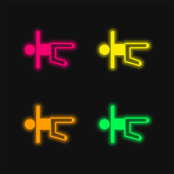 Boy On Floor Stretching Leg And Arms four color glowing neon vector icon - Vector, Image