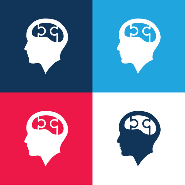 Лысая голова с головоломкой Мозг синий и красный четыре цвета минимальный набор значков - Вектор,изображение