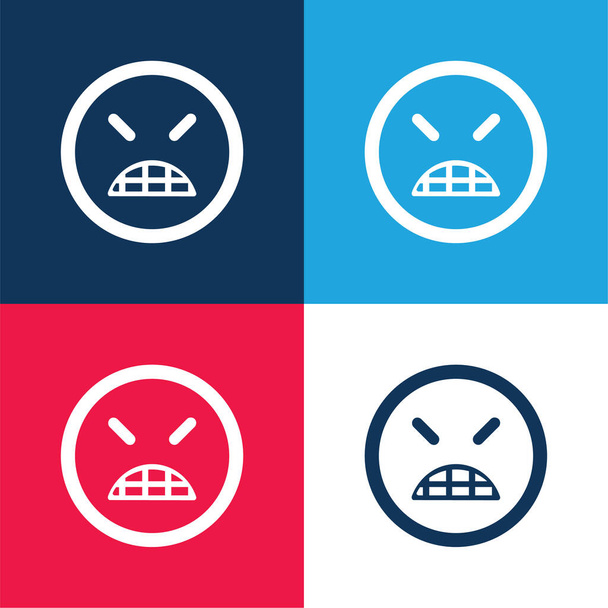 Angry Emoticon Square Face With Closed Eyes blue and red four color minimal icon set - Vector, Image