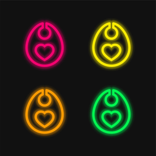 Baby slabbetje met hart Outline vier kleuren gloeiende neon vector pictogram - Vector, afbeelding
