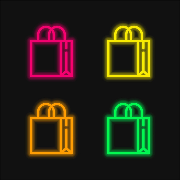 Grand sac avec poignées quatre couleur brillant icône vectorielle néon - Vecteur, image