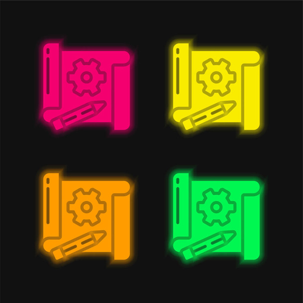 Blueprint quatro cores brilhante ícone vetor de néon - Vetor, Imagem