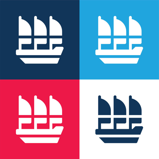 Лодка синий и красный четыре цвета минимальный набор значков - Вектор,изображение