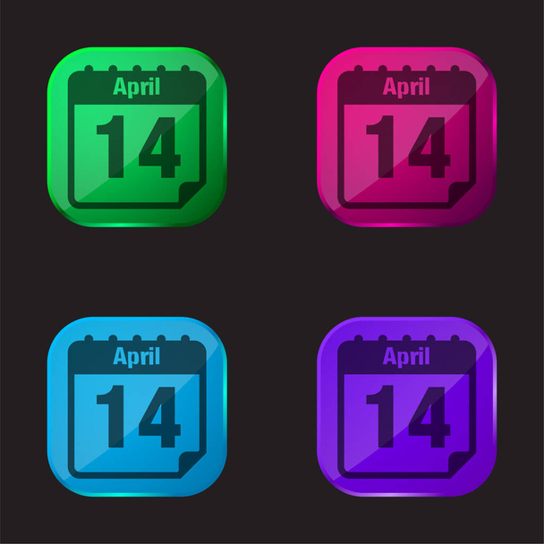 4月14日カレンダーページ4色のガラスボタンのアイコン - ベクター画像