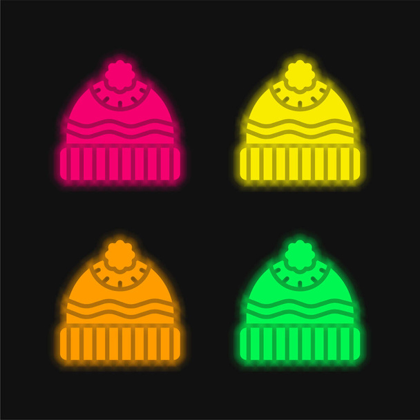 Beanie four color glowing neon vector icon - Vector, Image