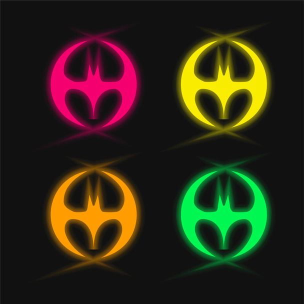 Bat Silhouette Forma nera con le ali che formano un cerchio quattro colori incandescente icona vettoriale al neon - Vettoriali, immagini