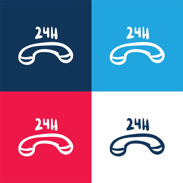 24 ώρες Εμπορικό τηλέφωνο μπλε και κόκκινο τεσσάρων χρωμάτων ελάχιστο σύνολο εικονιδίων - Διάνυσμα, εικόνα