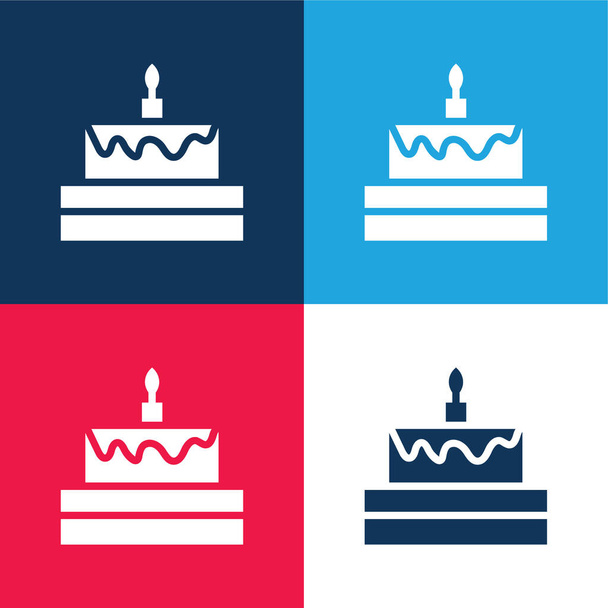 Tarta de cumpleaños azul y rojo conjunto de iconos mínimo de cuatro colores - Vector, imagen