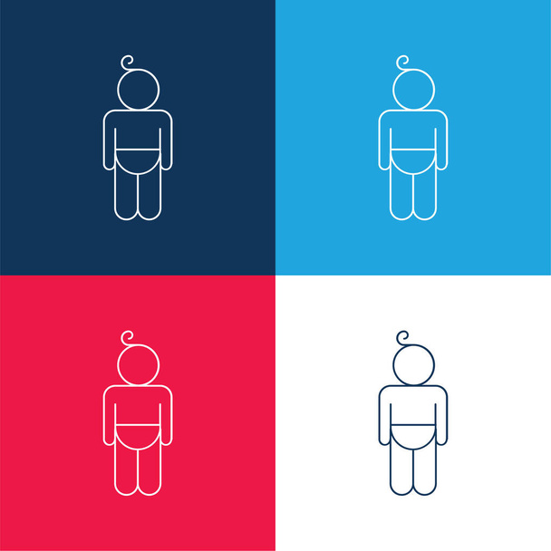 Conjunto de iconos mínimo de cuatro colores azul y rojo del contorno del pañal del bebé - Vector, imagen
