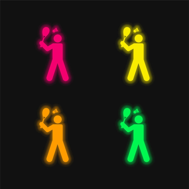 Badminton Player négy színű izzó neon vektor ikon - Vektor, kép