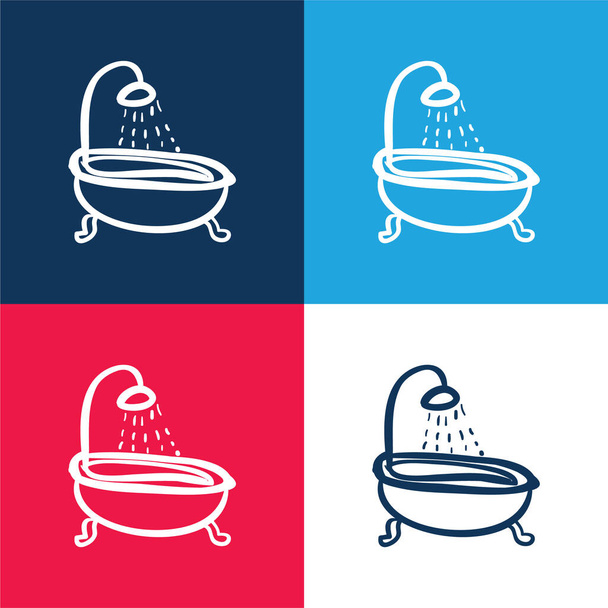 Ванна Винтажный душ синий и красный четыре цвета минимальный набор значков - Вектор,изображение
