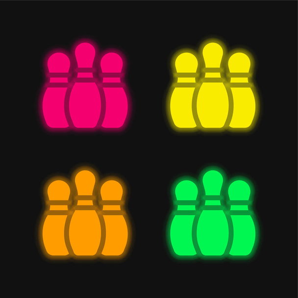 Bowling Pins cuatro colores brillante icono de vectores de neón - Vector, imagen