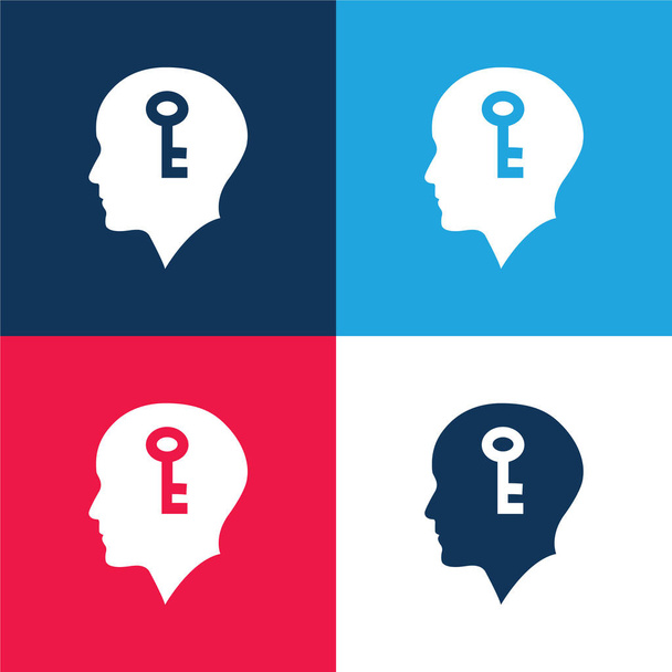 Bald Head With A Key Inside blue and red four color minimal icon set - Vector, Image