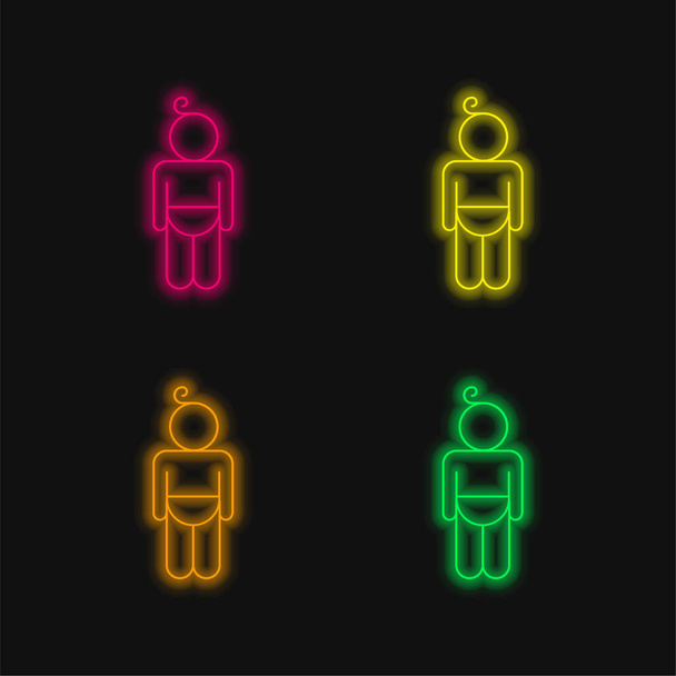 Baby Wearing Diaper Outline four color glowing neon vector icon - Vector, Image