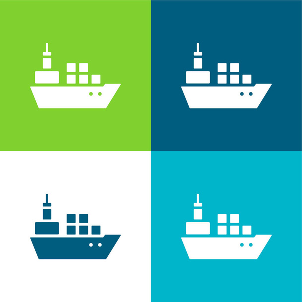 Boot mit Containern Flache vier Farben minimales Symbol-Set - Vektor, Bild