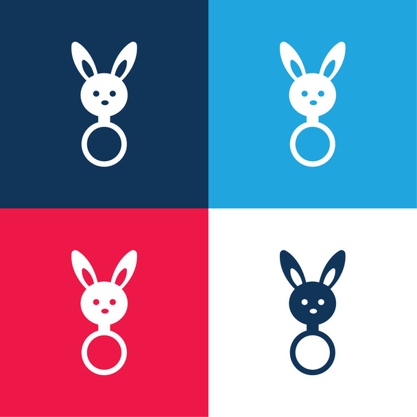 Rattle bebé con conejito cabeza forma azul y rojo de cuatro colores mínimo icono conjunto - Vector, Imagen