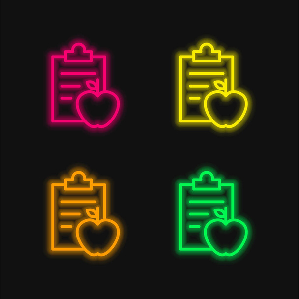 Apple en een klembord met notities voor Gymnast Diet Control vier kleuren gloeiende neon vector pictogram - Vector, afbeelding