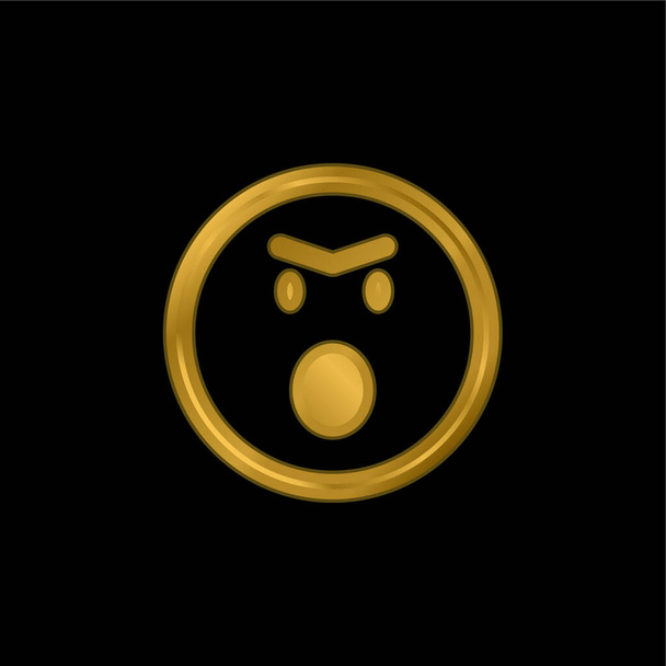 Dühös Emoticon Face nyitott szájú kerek téren vázlatos aranyozott fém ikon vagy logó vektor - Vektor, kép