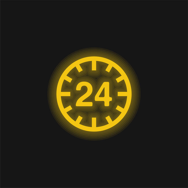 Signo circular de 24 horas amarillo brillante icono de neón - Vector, Imagen