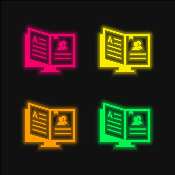 Buch vier Farbe leuchtenden Neon-Vektor-Symbol - Vektor, Bild