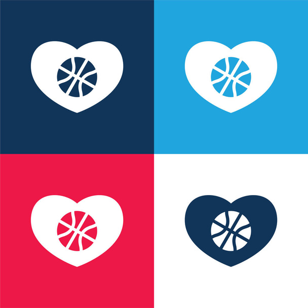 Baloncesto bola en un corazón azul y rojo de cuatro colores icono mínimo conjunto - Vector, Imagen