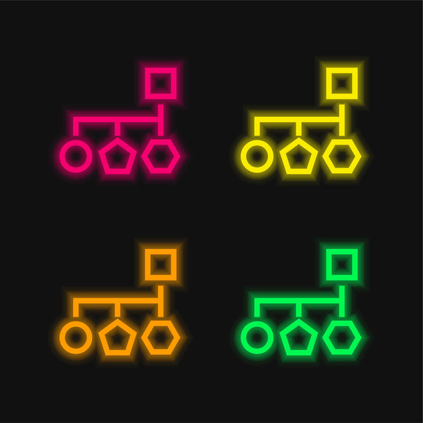 Block Scheme Of Basic Geometrical Shapes four color glowing neon vector icon - Vector, Image