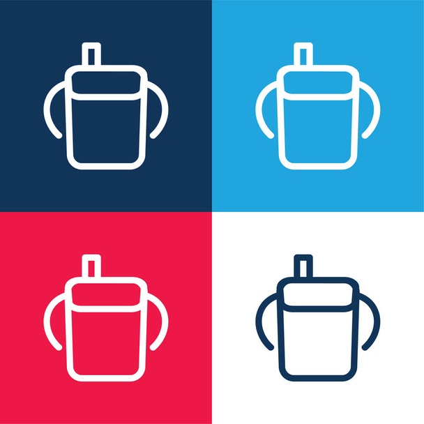 赤ちゃんの飲料ボトルの概要サイドハンドル青と赤の4色の最小アイコンセット - ベクター画像