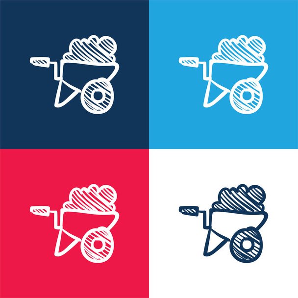 Barrow Full Of Construction Material Hand Drawn Tool blue and red four color minimal icon set - Vector, Image