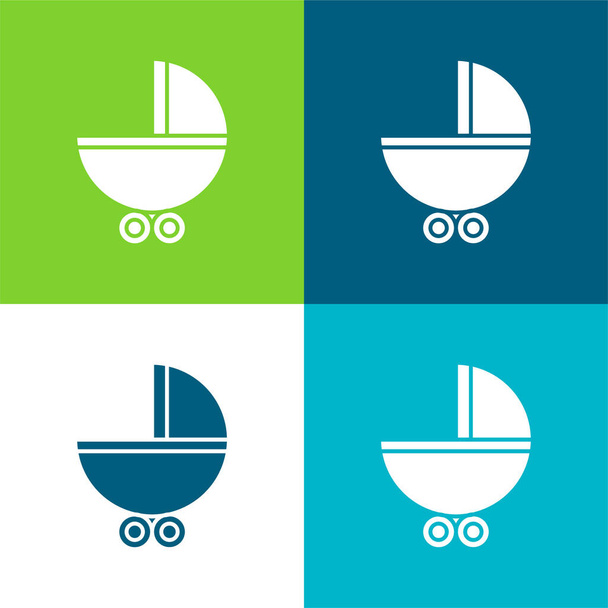 Carruaje del bebé con ruedas planas de cuatro colores mínimo icono conjunto - Vector, imagen