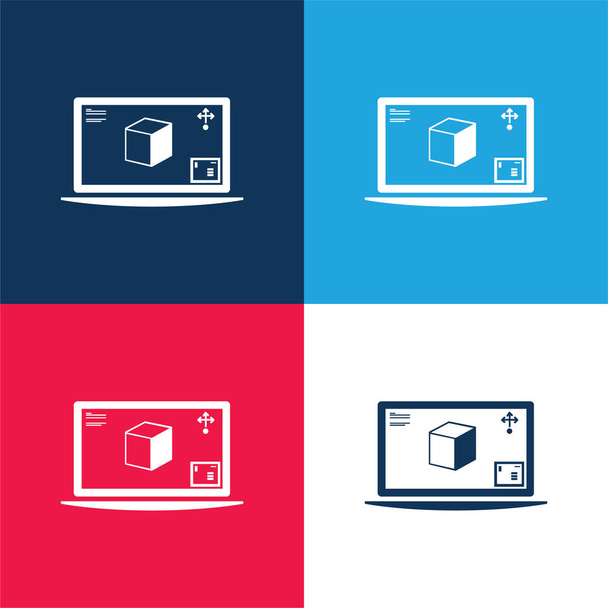 モニター画面上の3Dプリンタ青と赤の4色の最小アイコンセット - ベクター画像