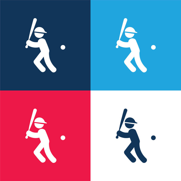 Παίκτης του μπέιζμπολ με μπάλα νυχτερίδα και καπάκι μπλε και κόκκινο τεσσάρων χρωμάτων ελάχιστο σύνολο εικονιδίων - Διάνυσμα, εικόνα