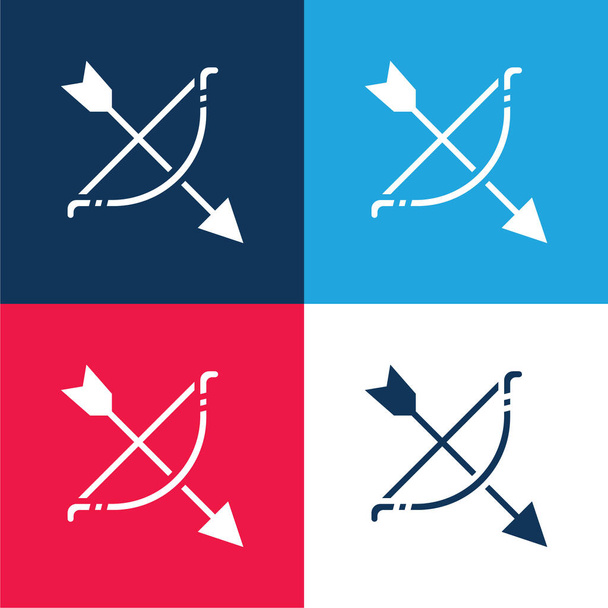 Boogschieten blauw en rood vier kleuren minimale pictogram set - Vector, afbeelding