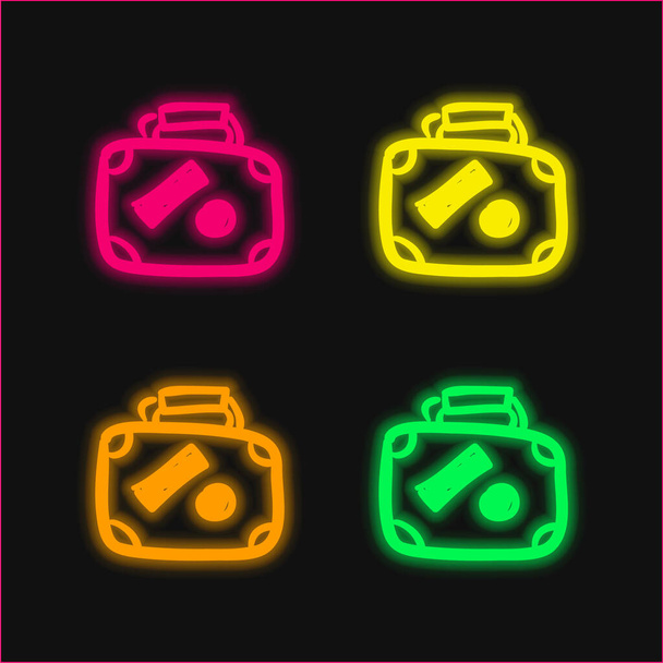 Equipaje mano dibujado contorno con etiquetas de cuatro colores brillante icono de vectores de neón - Vector, imagen