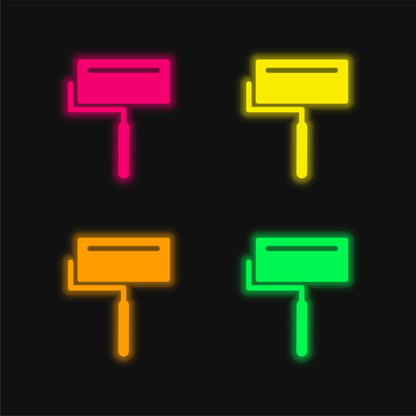 Grand rouleau de peinture avec l'icône vectorielle lumineuse de néon de quatre couleurs brillantes - Vecteur, image