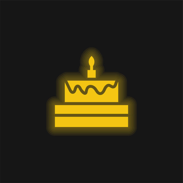 Syntymäpäivä kakku keltainen hehkuva neon kuvake - Vektori, kuva