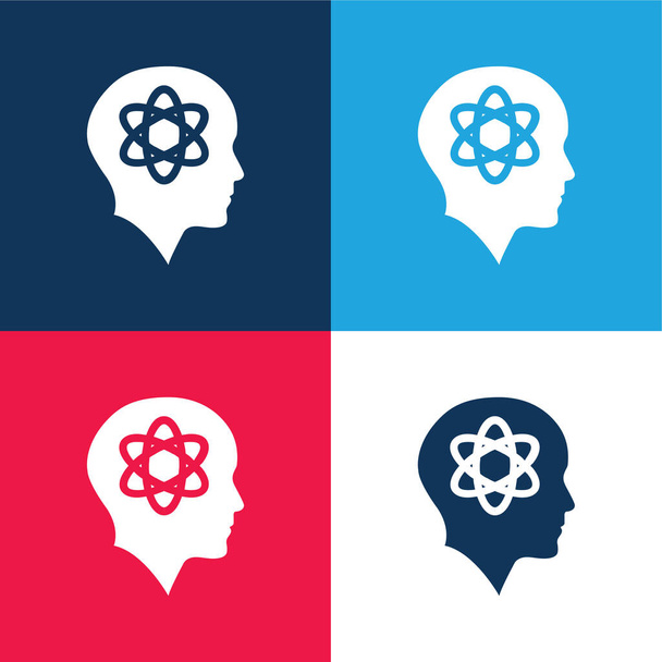 Kopasz fej a tudomány szimbólum kék és piros négy szín minimális ikon készlet - Vektor, kép