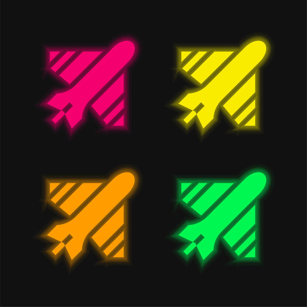 Repülőgép négy színű izzó neon vektor ikon - Vektor, kép