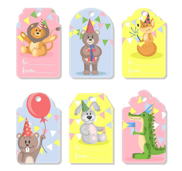 collection of gift tags with cute animals. vector illustration of greeting cards for holidays, birthday . - Vettoriali, immagini